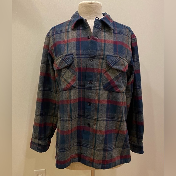 Pendleton Other - Pendleton Mens Gray Navy Red Wool Plaid Button Down Shirt / Size L